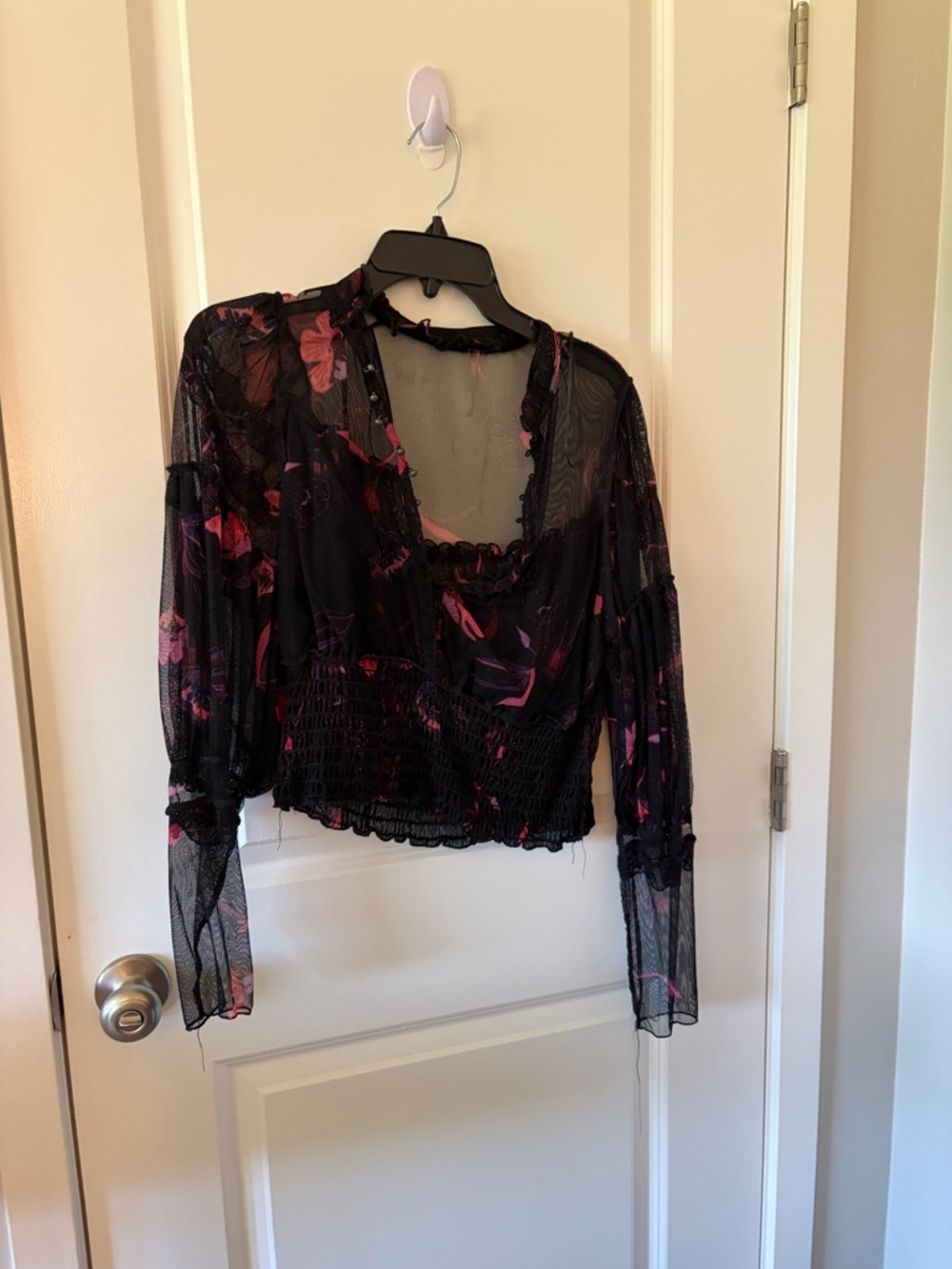 Free People Black Sheer Floral Smocked Blouse with Pink Accents